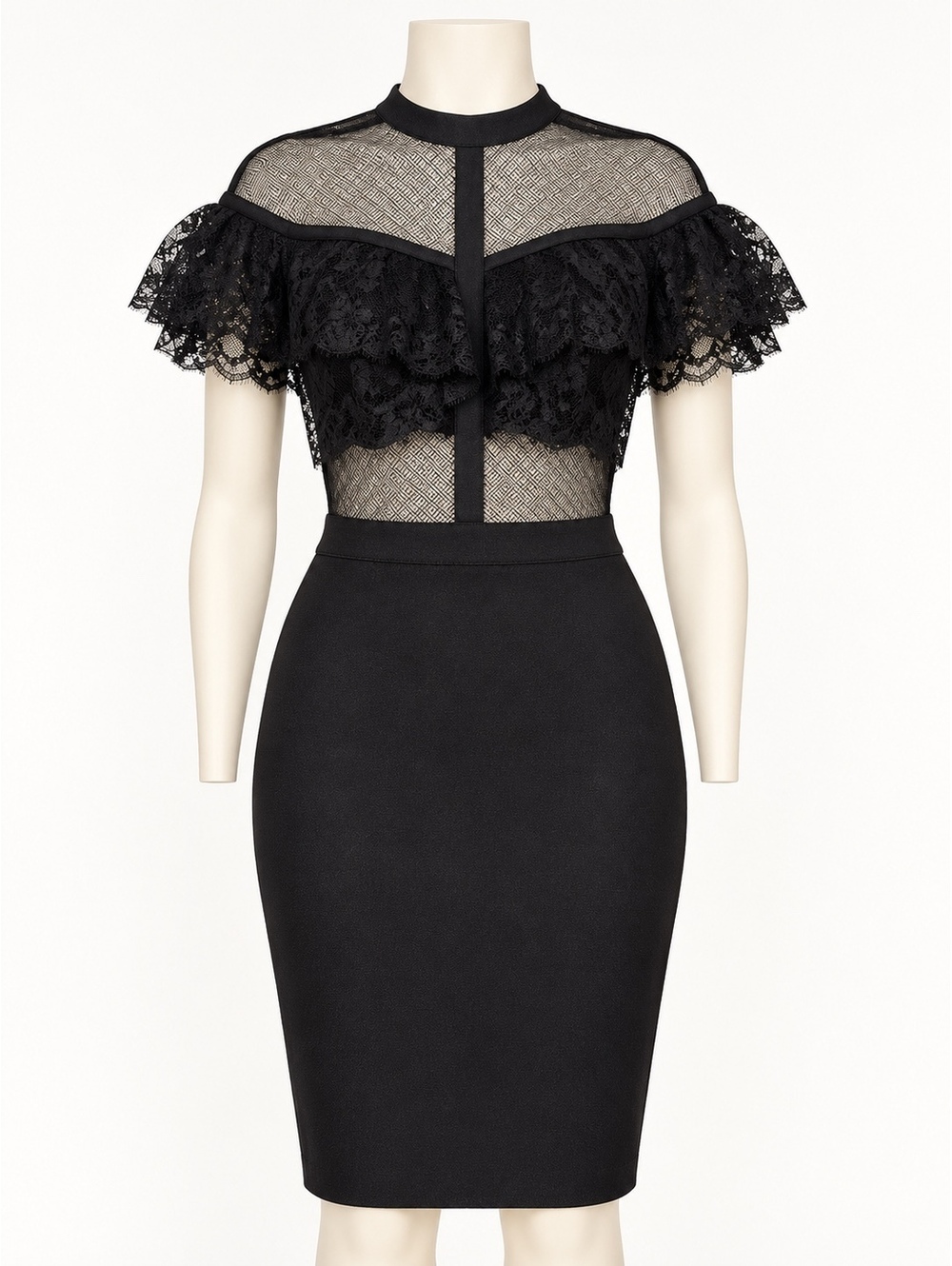 bebe Black Lace Ruffle Bodycon Dress – Size Small